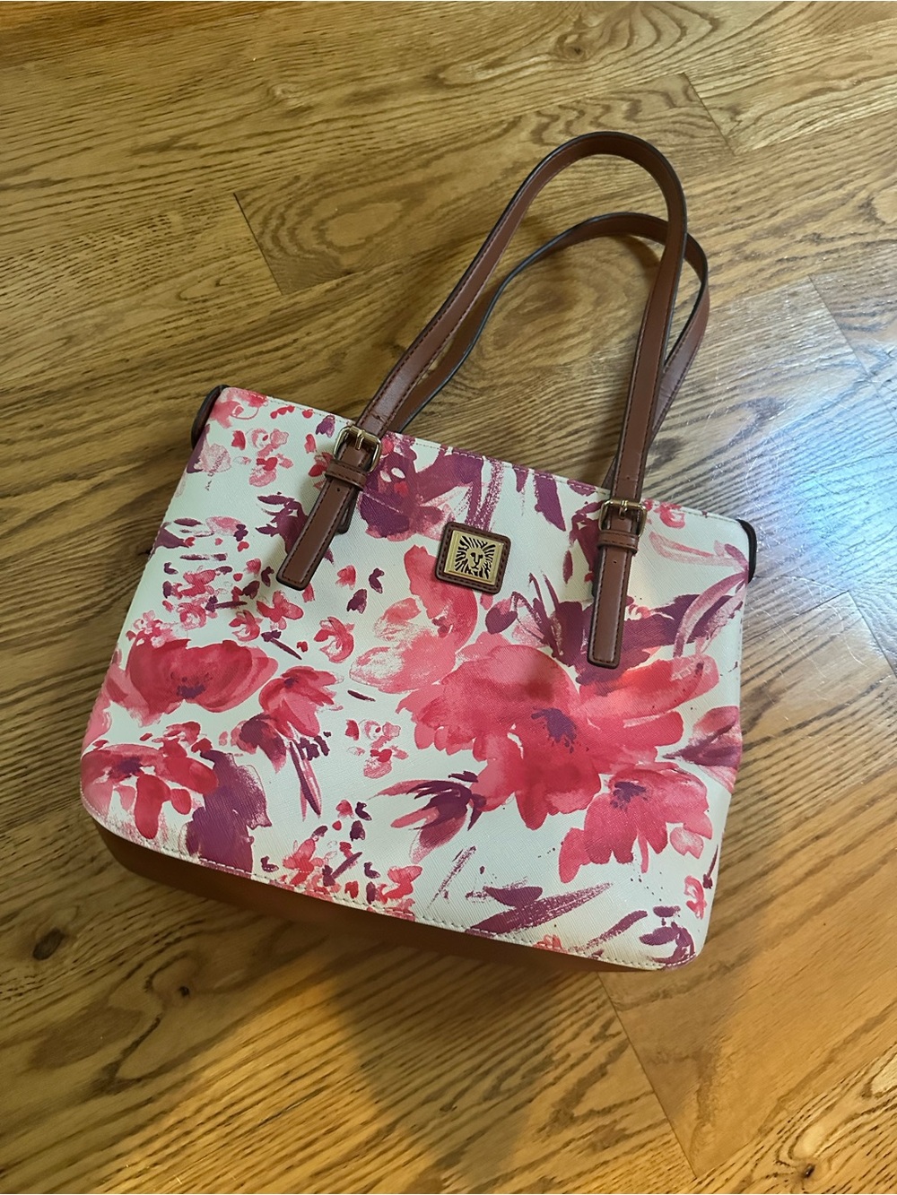 Anne Klein Floral Shoulder Tote in Pink and Cream with Brown Straps